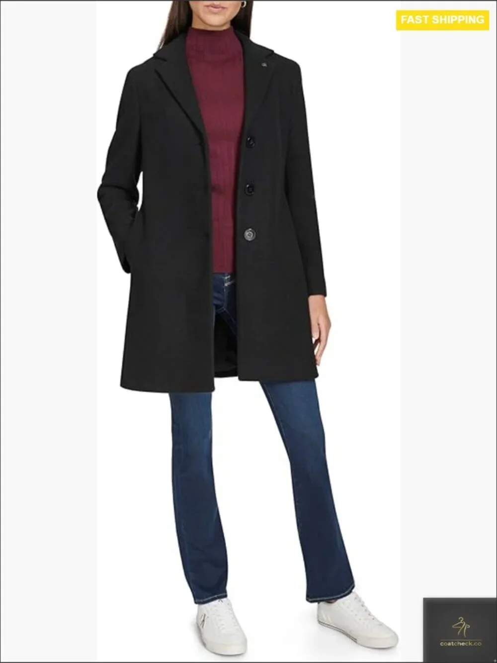 Classic Faux Wool Overcoat – Long Button Front Winter Jacket